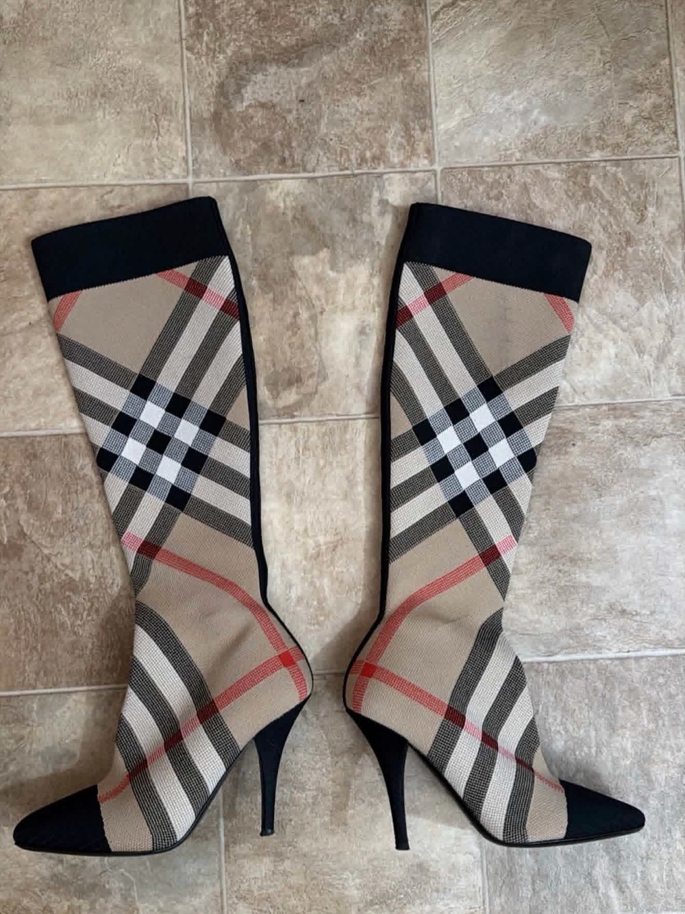Burberry Beige Plaid Knee-High Stiletto Boots